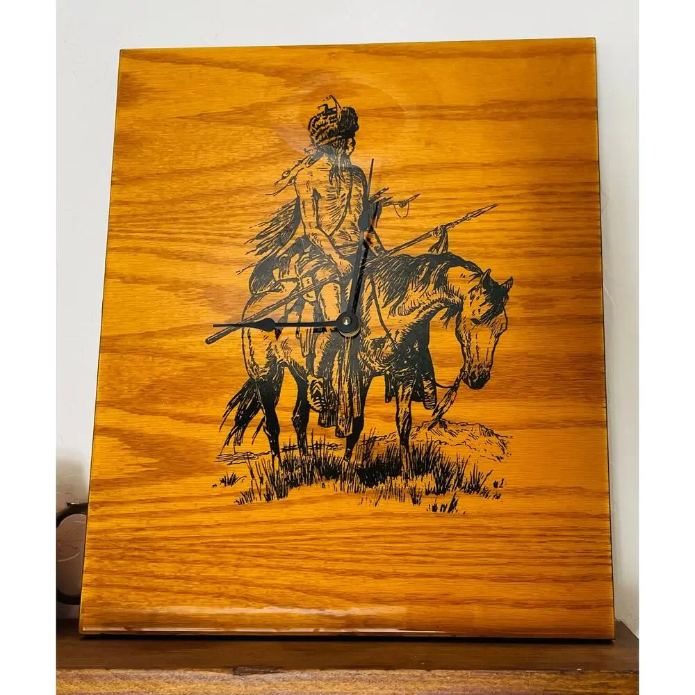 Vintage 70.s Shellaced Wood wall clock Indian on a Horse